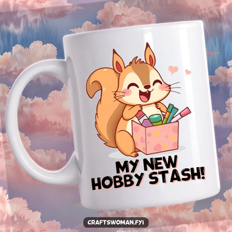 Funny mug with a joyful squirrel character ecstatically unwrapping a gift box filled with miniature craft supplies, showcasing pure crafting excitement.