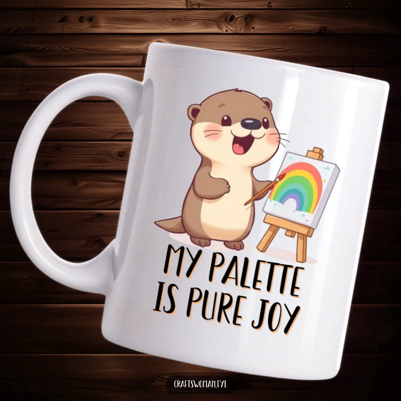 Funny otter mug illustration of a happy otter enthusiastically painting a colorful rainbow on a canvas.