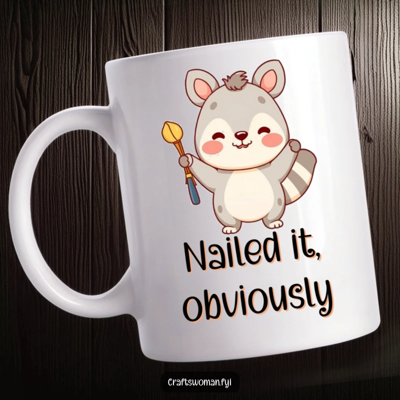 Funny mug featuring a cheerful animal character proudly displaying a vibrant, completed craft project with a beaming smile.