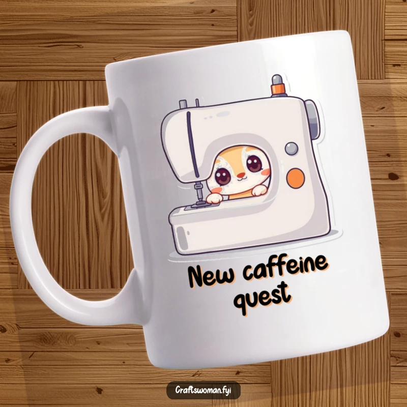 Funny mug featuring a curious animal character peering with wide, eager eyes at a sewing machine, ready to learn.