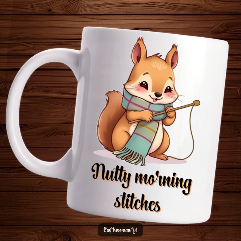 Funny Mug featuring a cute squirrel character happily stitching a colorful scarf with a large needle.