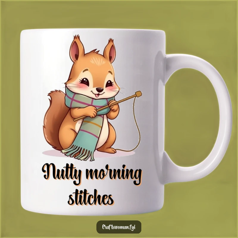 Funny Squirrel Stitcher Mug: Cozy Scarf Creation, Perfect Gift for Crafters!