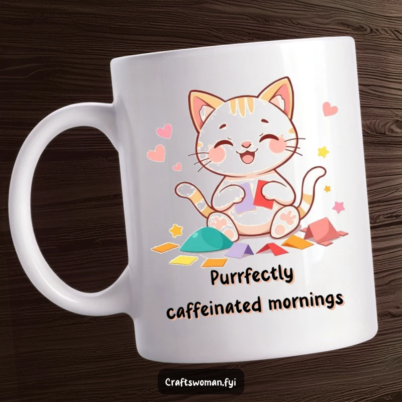 Funny cat mug featuring a beaming cat character happily cutting precise shapes from colorful paper, perfect for coffee lovers.
