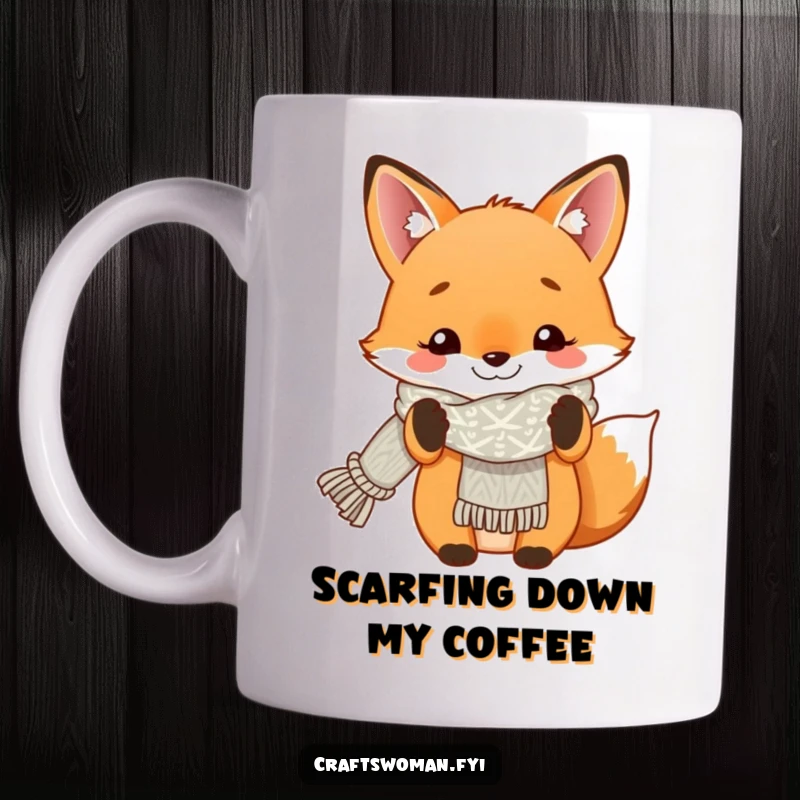 Funny fox mug showing a smiling vulpine proudly displaying a beautifully knitted scarf creation.