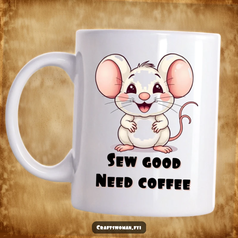 Funny Mouse Weaver Mug: A Joyful Mouse Expertly Weaving Fabric with a Big Proud Smile, Perfect for Crafters.