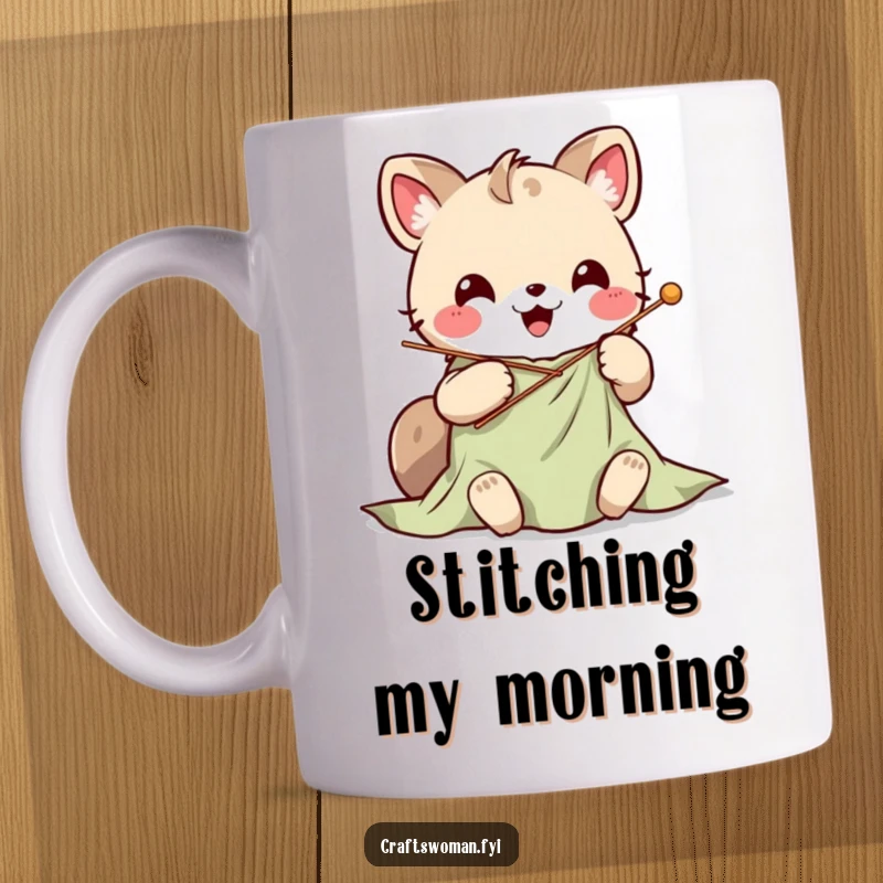Cute Kawaii animal character happily stitching colorful fabric with a large needle, depicted on a funny mug.