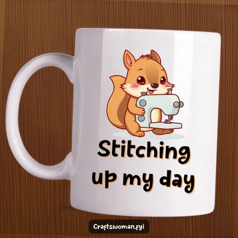 Funny squirrel mug showing a determined rodent enthusiastically pushing a miniature sewing machine, ready to create.