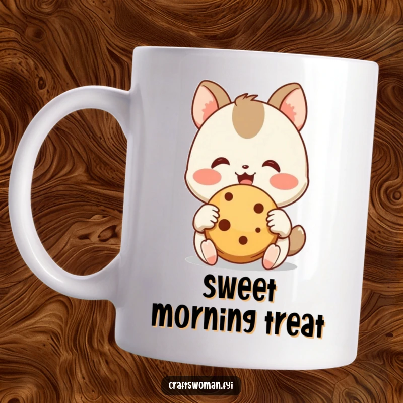 Funny Cookie Lover Mug: A joyful animal character happily admires a freshly baked cookie with its small, happy hands, showcasing pure delight.