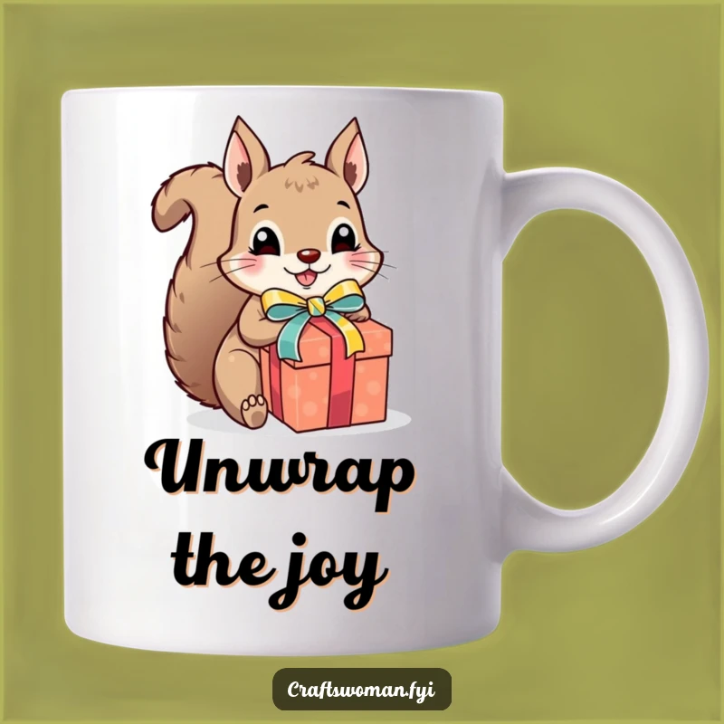 Funny Squirrel Gift Wrapper Mug - Excited Presenting Ceramic Gift for Crafters