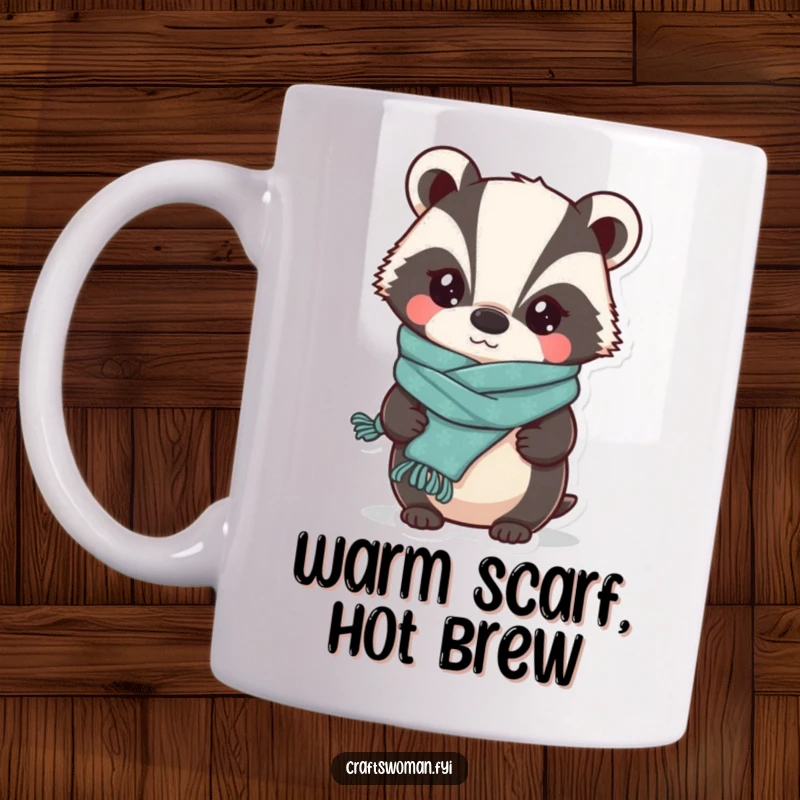 Funny Badger Knitter Mug: A Whimsical Badger Proudly Displaying a Slightly Lopsided Knitted Scarf, Cozy and Hilarious.