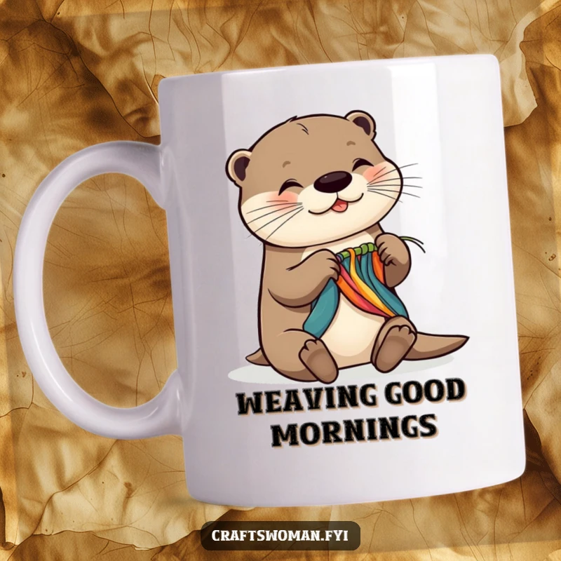 Funny mug showcasing a gleeful otter skillfully weaving colorful material with intense concentration and a happy expression, perfect for craft lovers.