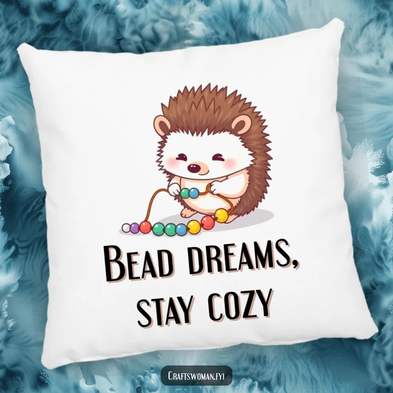 Funny pillow with a meticulous hedgehog carefully arranging beads onto a string, providing a cozy and artistic accent.