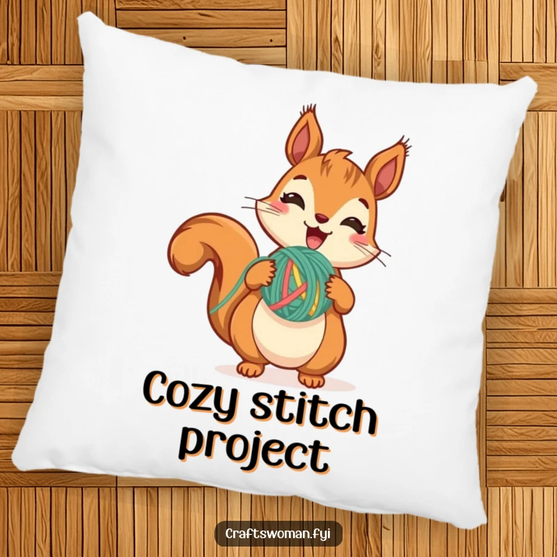 Funny Squirrel Yarn Pillow showing a cute squirrel excitedly holding yarn, caught mid-stitch, perfect for decorating a craft nook.