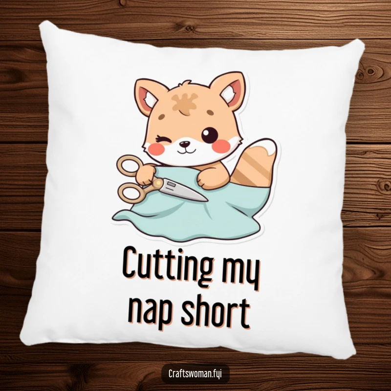Funny pillow featuring an animal character focused on cutting material with playful scissors, adding charm to soft furnishings.