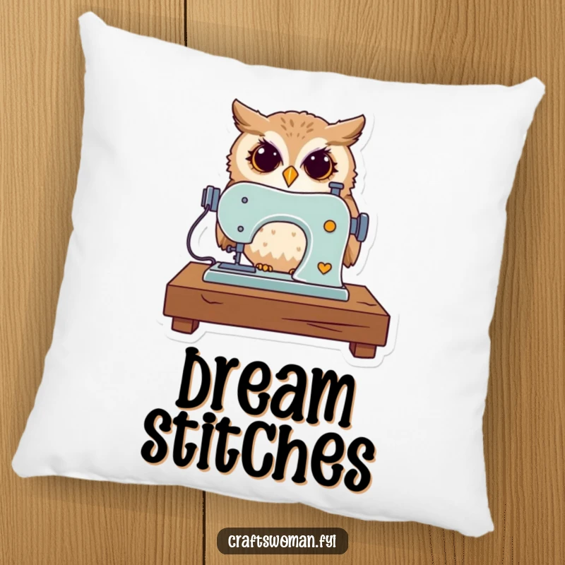 Funny pillow featuring a curious owl operating a miniature sewing machine, perfect for cozy crafting spaces.