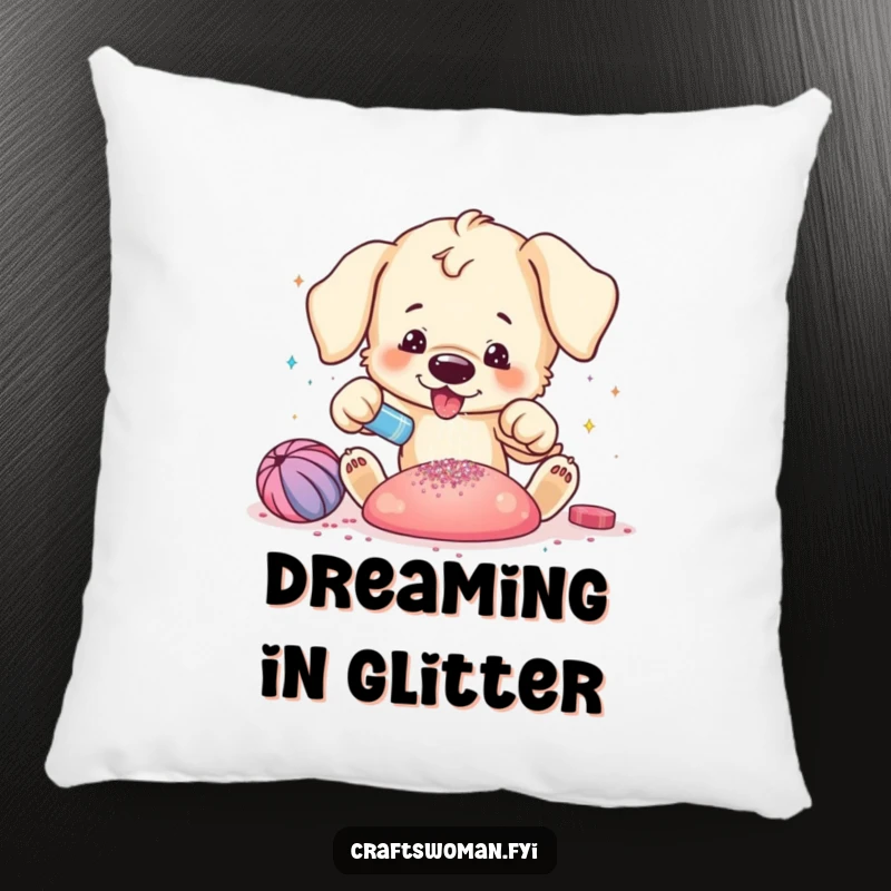 Funny puppy pillow featuring a playful puppy excitedly adding glitter to a vibrant craft creation, perfect for cozy spots.
