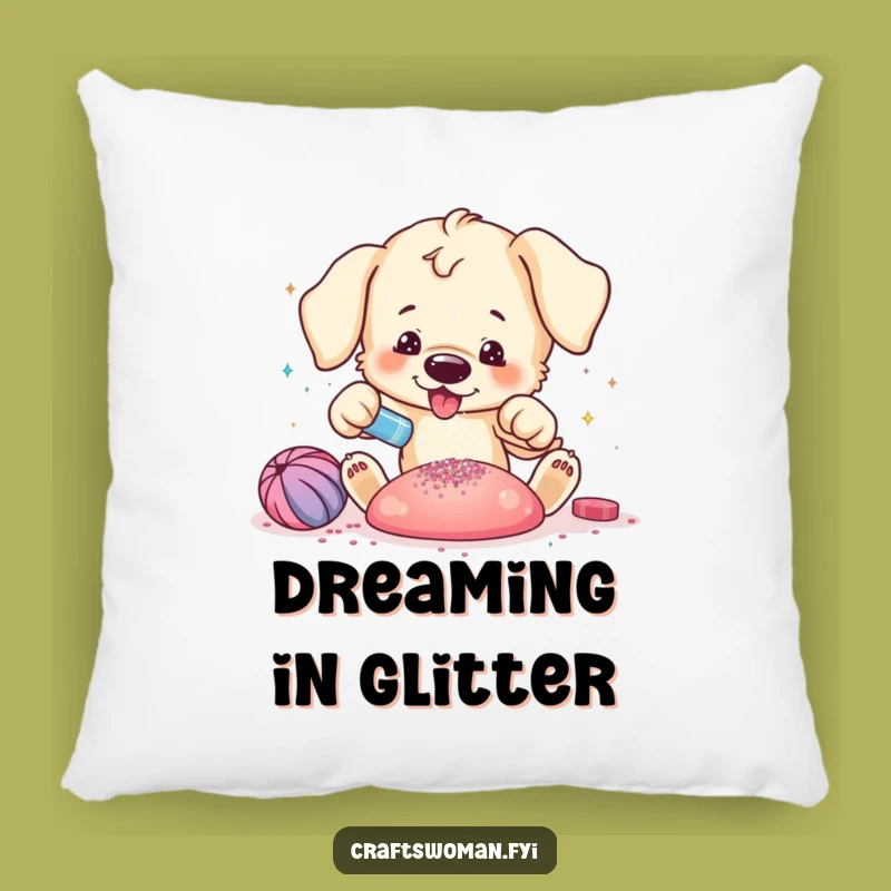 Funny Puppy Glitter Pillow - Cozy Accent for Craft Spaces