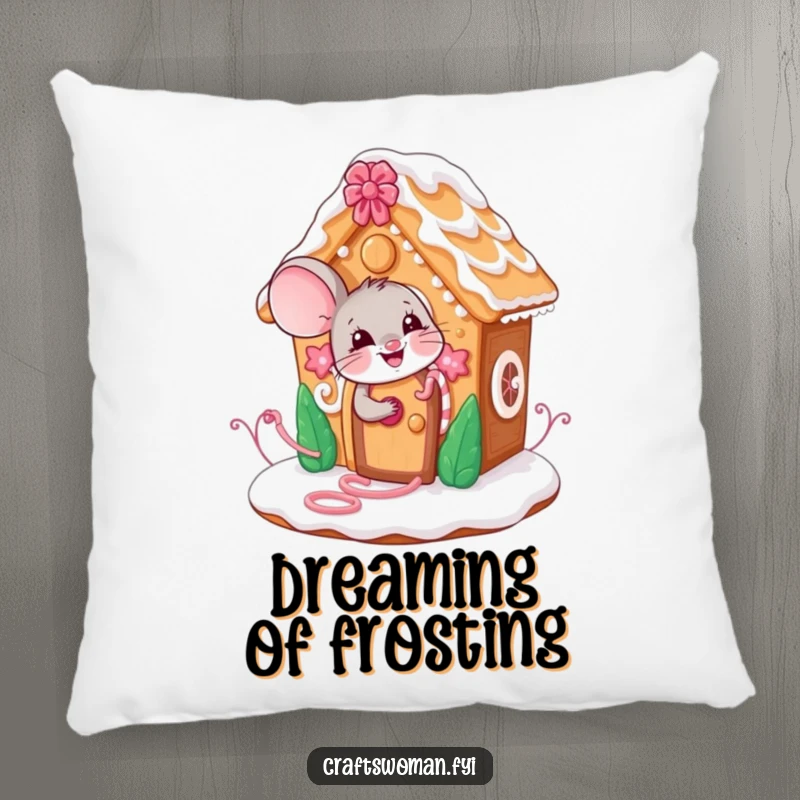 Funny mouse pillow featuring a giggling character decorating a gingerbread house, designed for comfort and festive cheer.