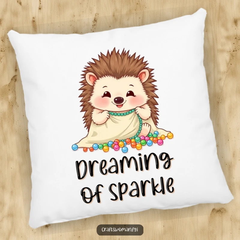 Funny hedgehog pillow featuring a cheerful hedgehog carefully arranging sparkling beads onto a piece of cloth, soft and decorative.