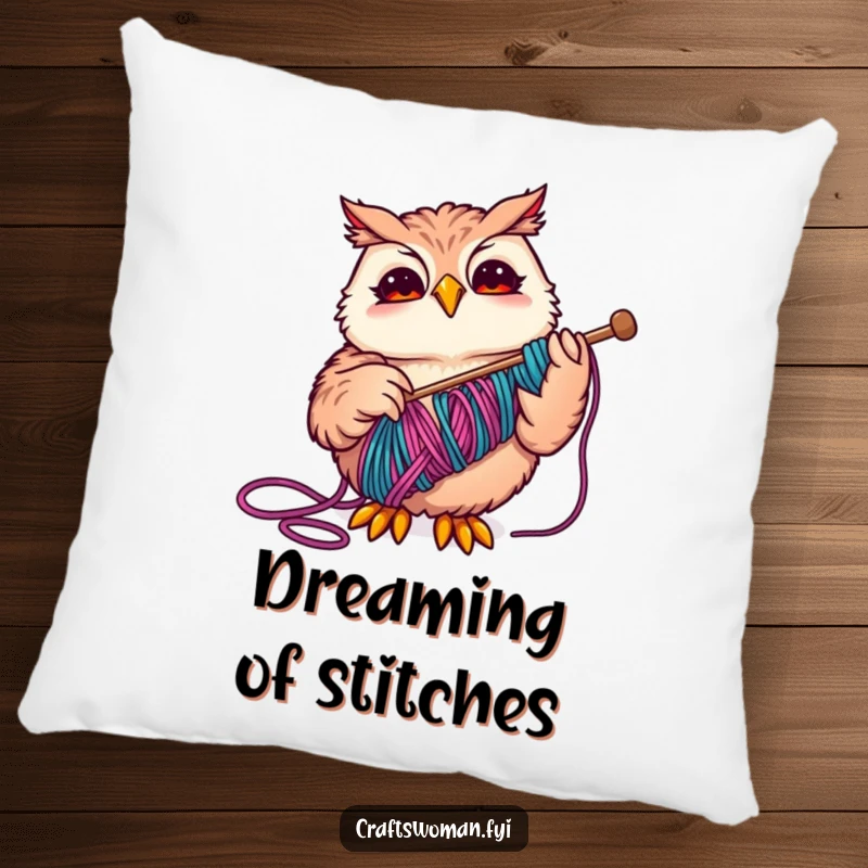 Funny Owl Pillow showing a happy owl threading colorful yarn with a big needle, a comfortable and humorous decor item.