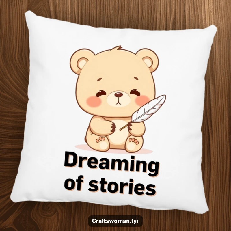 Funny bear pillow featuring a contented character writing with a feather quill, designed for comfort and literary inspiration.