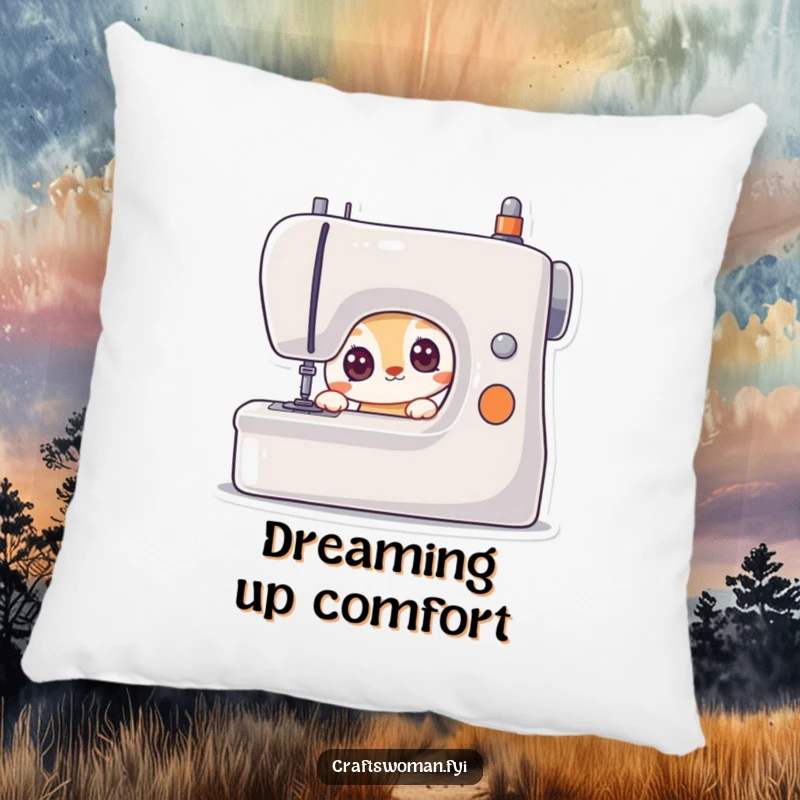 Funny pillow featuring a curious animal character with wide, eager eyes looking at a sewing machine, adding charm to soft furnishings.