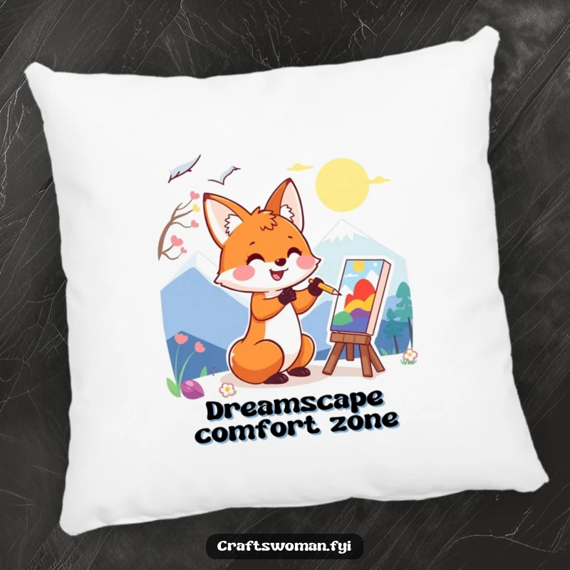 Funny pillow featuring a happy fox character enthusiastically painting a colorful landscape, perfect for cozy and artistic decor.