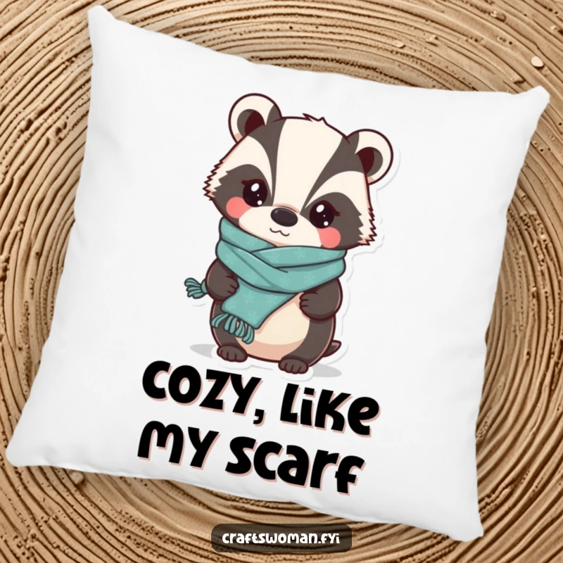 Funny Badger Knitter Pillow: A Whimsical Badger Proudly Displaying a Slightly Lopsided Knitted Scarf, Soft and Hilarious.