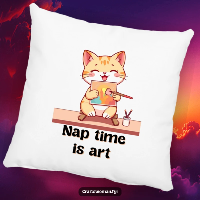 Funny Pillow: A joyful cat artist concentrates on painting a vivid, colorful picture on a small canvas, holding a brush.