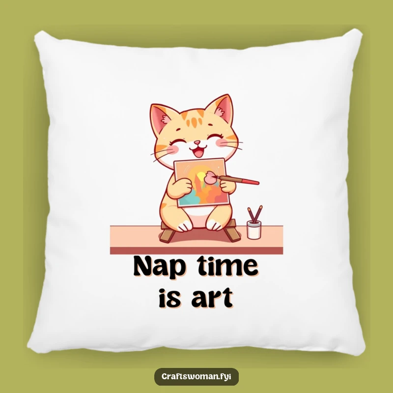 Funny Cat Artist Pillow: Cozy Cushion with a Happy Painter Cat, Adorable Funny Gift!