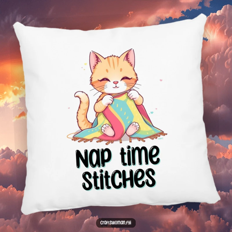 Funny pillow featuring a happy cat sewing a colorful textile with big needles, offering comfort and a touch of crafty humor for any space.