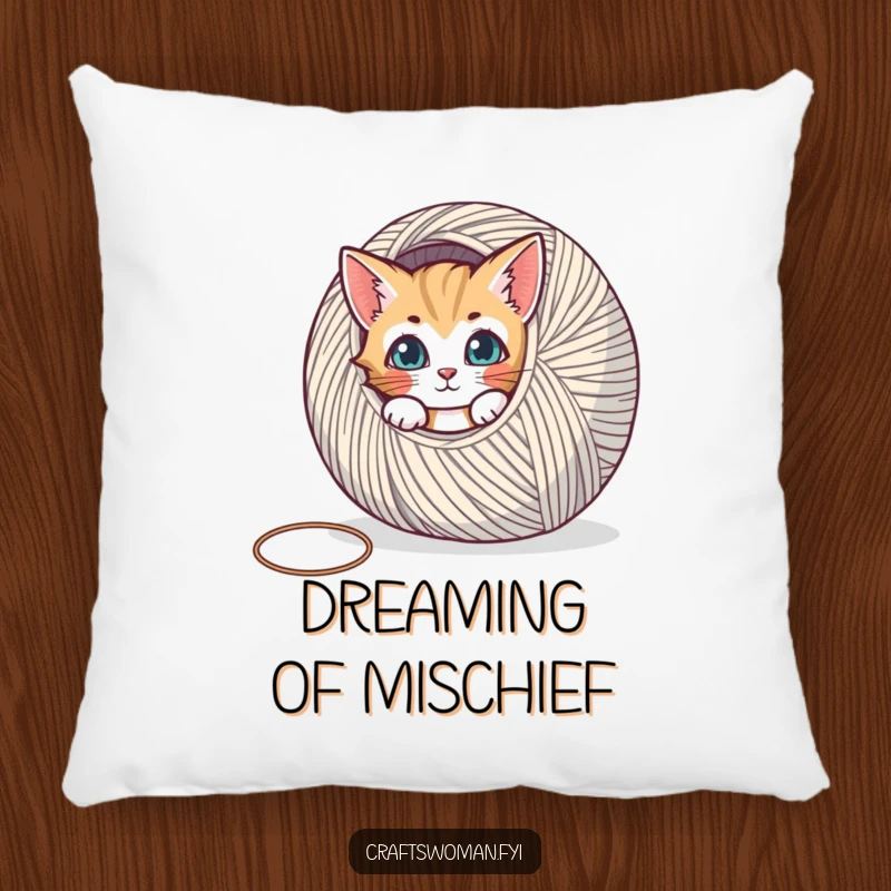 Funny pillow featuring a curious cat peeking out from behind a large ball of yarn, adding comfort and humor.