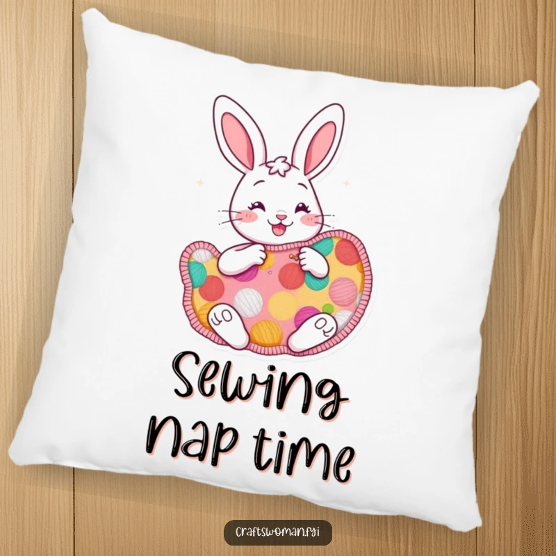 Funny cheerful bunny pillow featuring a bunny enthusiastically sewing a large, colorful patch, designed for comfort and creative vibes.