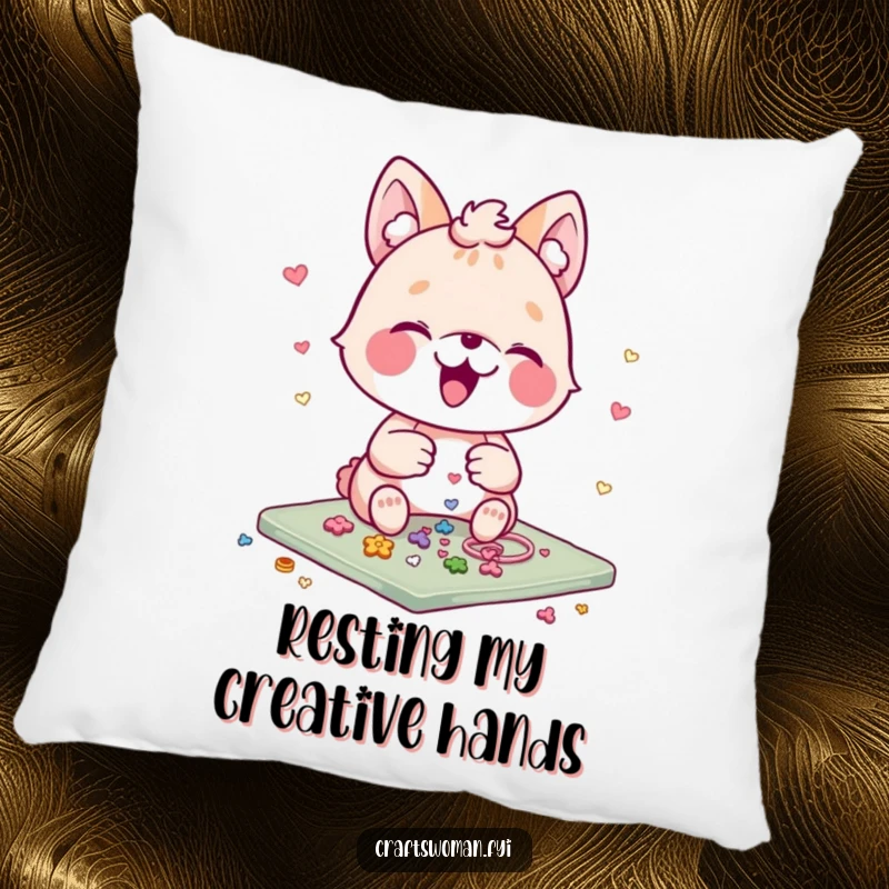 Funny Crafting Pillow: A happy animal character is shown arranging small embellishments on a craft project, adding a touch of humor and comfort.