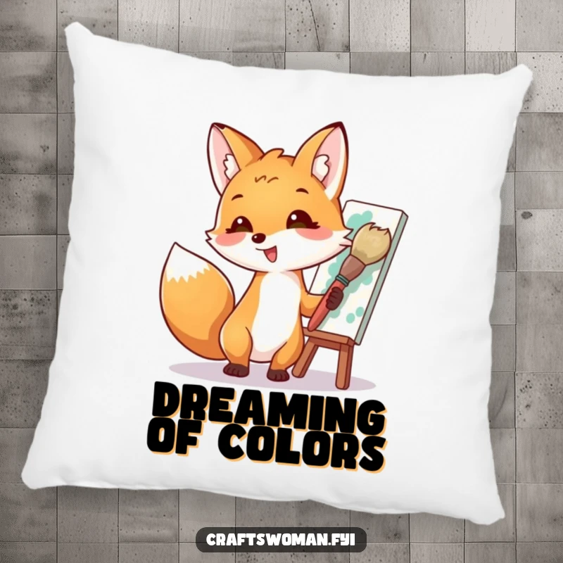 Funny pillow featuring a delightful fox artist painting a colorful masterpiece with a huge brush, offering comfort and artistic charm for any room.