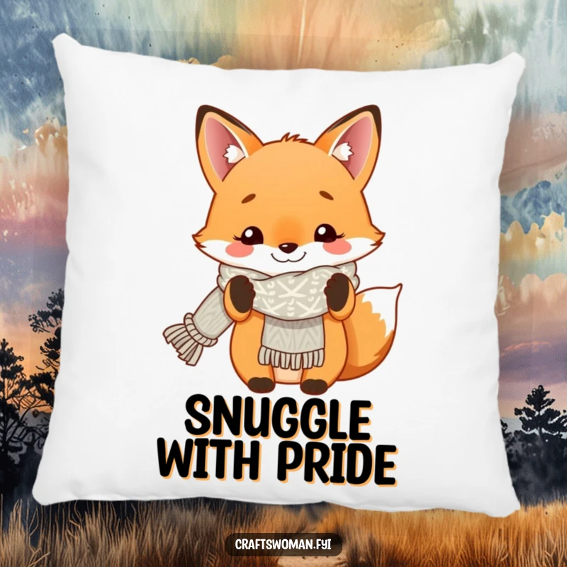 Funny pillow featuring a smiling fox proudly displaying a finished knitted scarf, adding comfort and craft pride.