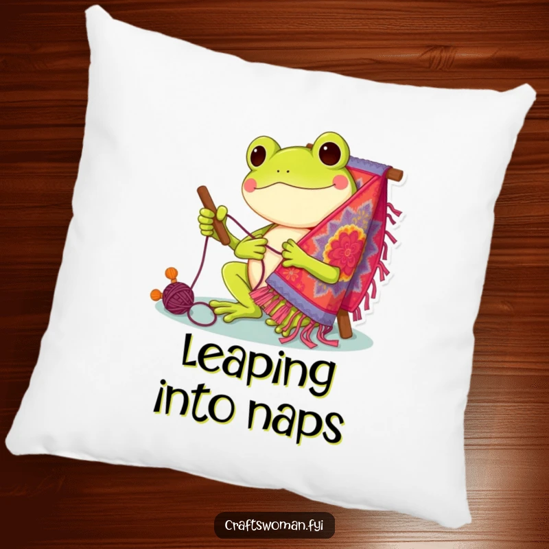 Funny Pillow: Cheerful frog character contentedly stitching a vibrant tapestry, perfect for a cozy reading nook.