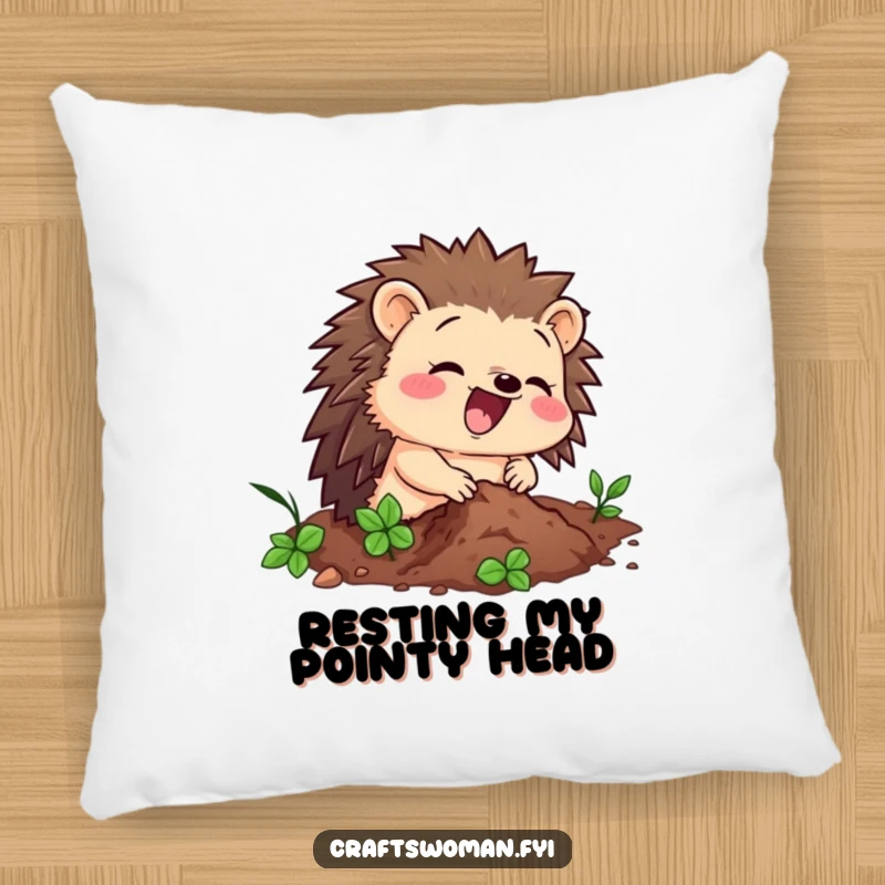 Funny pillow featuring a delighted hedgehog character enthusiastically hammering a tiny nail, perfect for cozy and humorous decor.