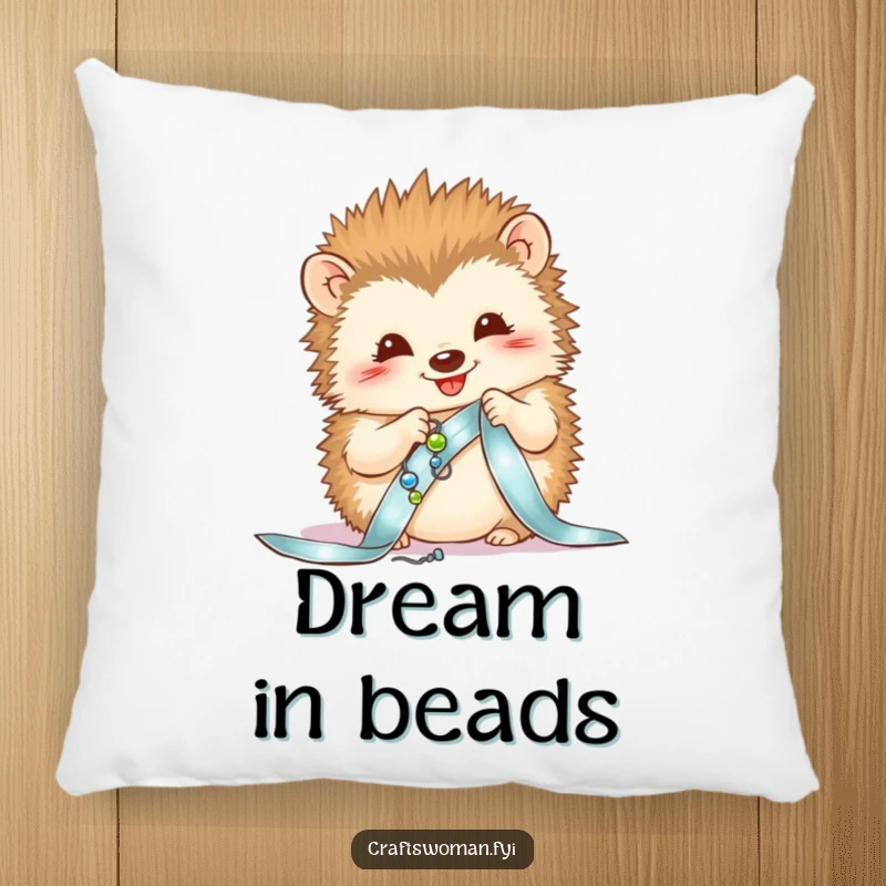 Funny pillow featuring a delighted hedgehog sewing beads onto a ribbon, perfect for cozy crafting spaces.