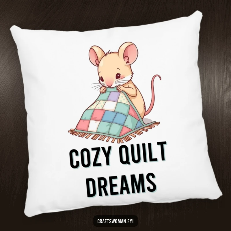 Funny Mouse Pillow showing a nimble mouse sewing patches onto a miniature quilt, a comfortable and humorous addition to any room.