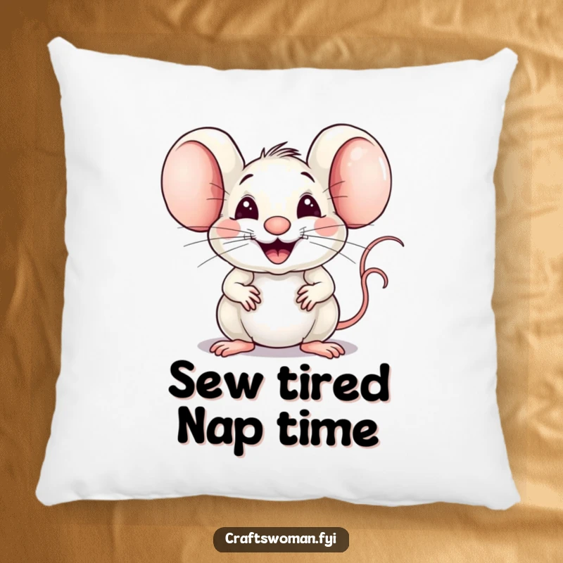 Funny Mouse Weaver Pillow: A Joyful Mouse Expertly Weaving Fabric with a Big Proud Smile, Soft and Hilarious.