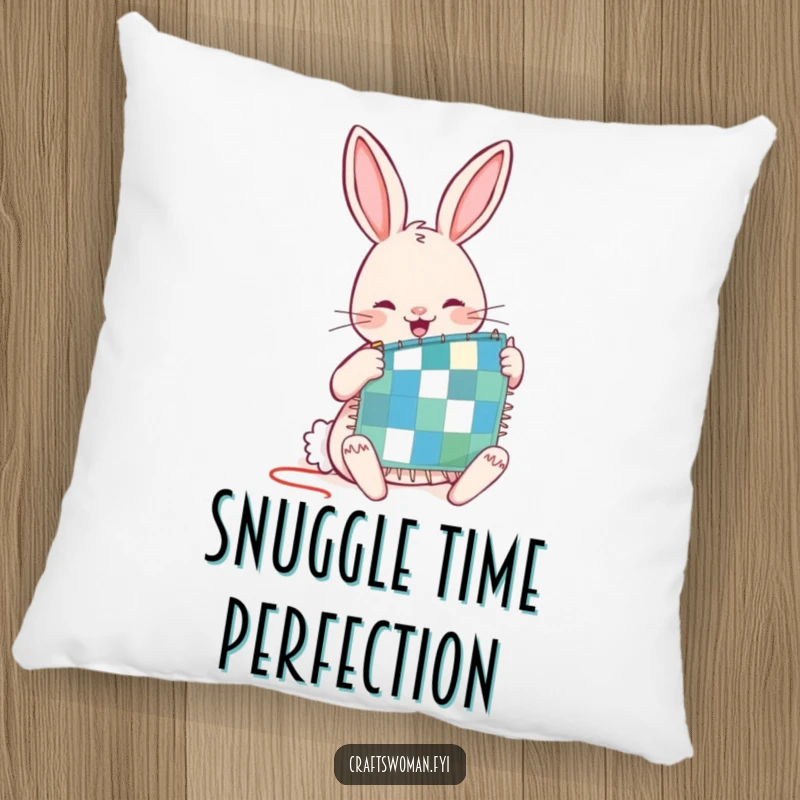 Funny pillow featuring a joyful rabbit character diligently stitching a tiny patchwork quilt, perfect for cozy and humorous decor.