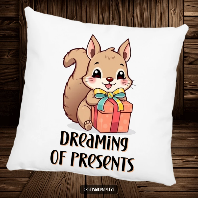 Funny squirrel gift wrapper pillow, a cute squirrel excitedly wrapping a present with colorful ribbon and a bow, soft and festive home decor.