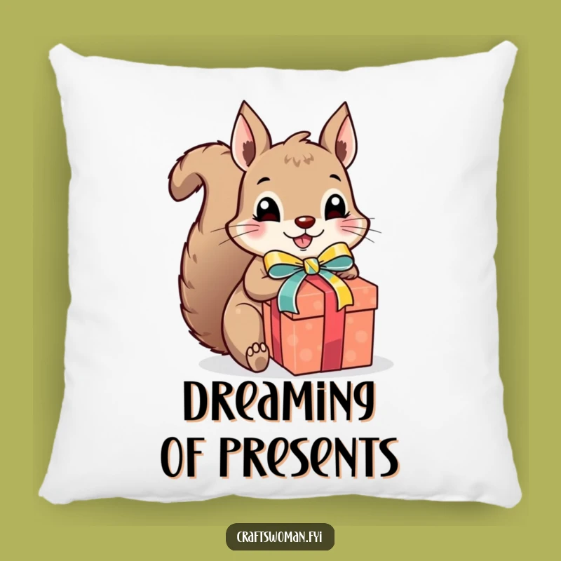 Funny Squirrel Gift Wrapper Pillow - Excited Presenting Accent Pillow for Cozy Spaces