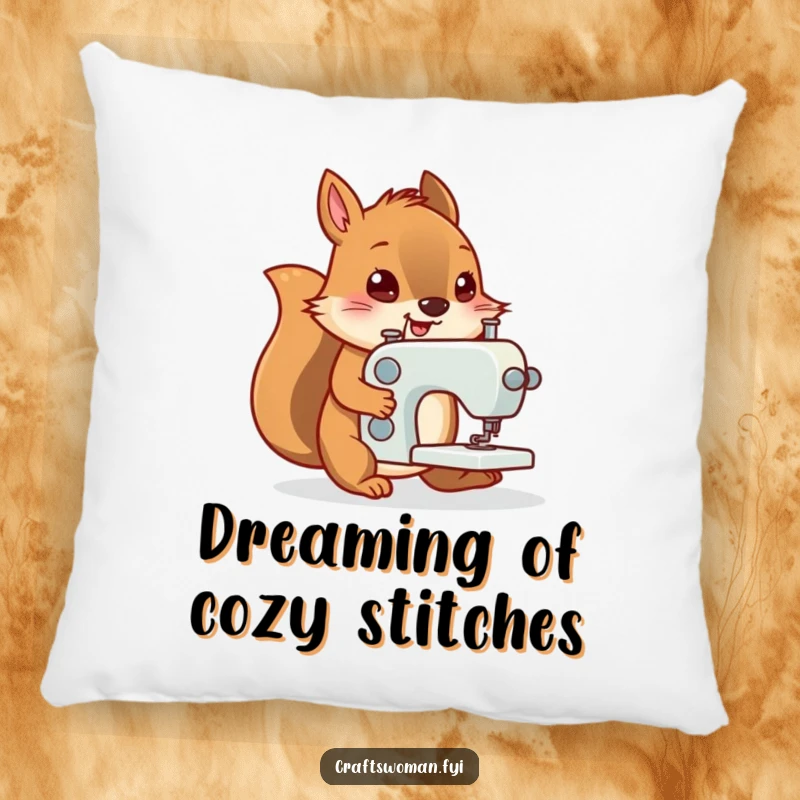 Funny pillow featuring a determined squirrel pushing a tiny sewing machine, adding comfort and creative inspiration.