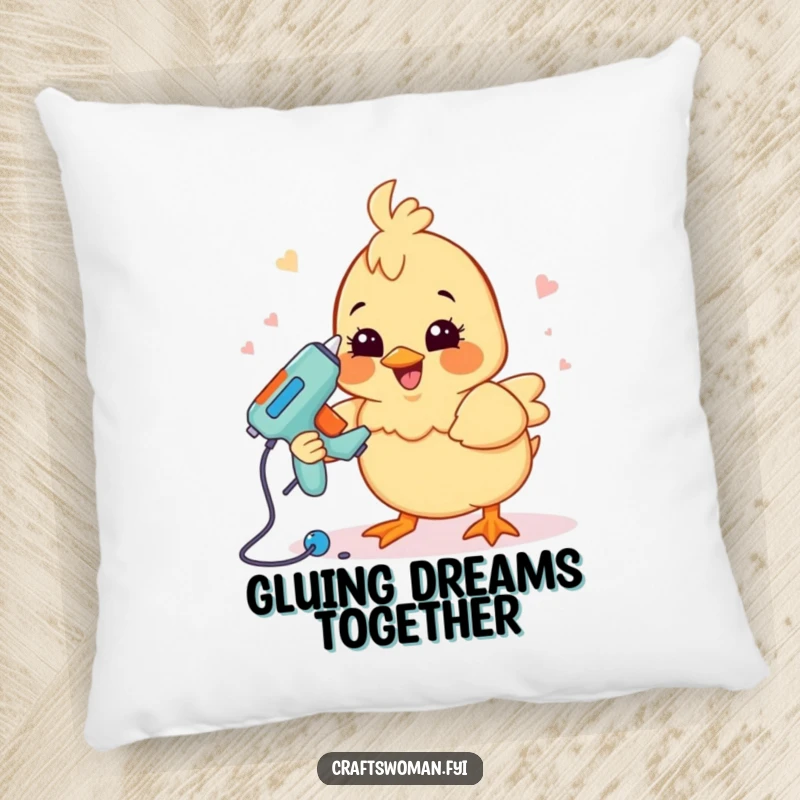 Funny crafting chick pillow with a happy chick character using a glue gun to assemble a project, providing plush comfort.