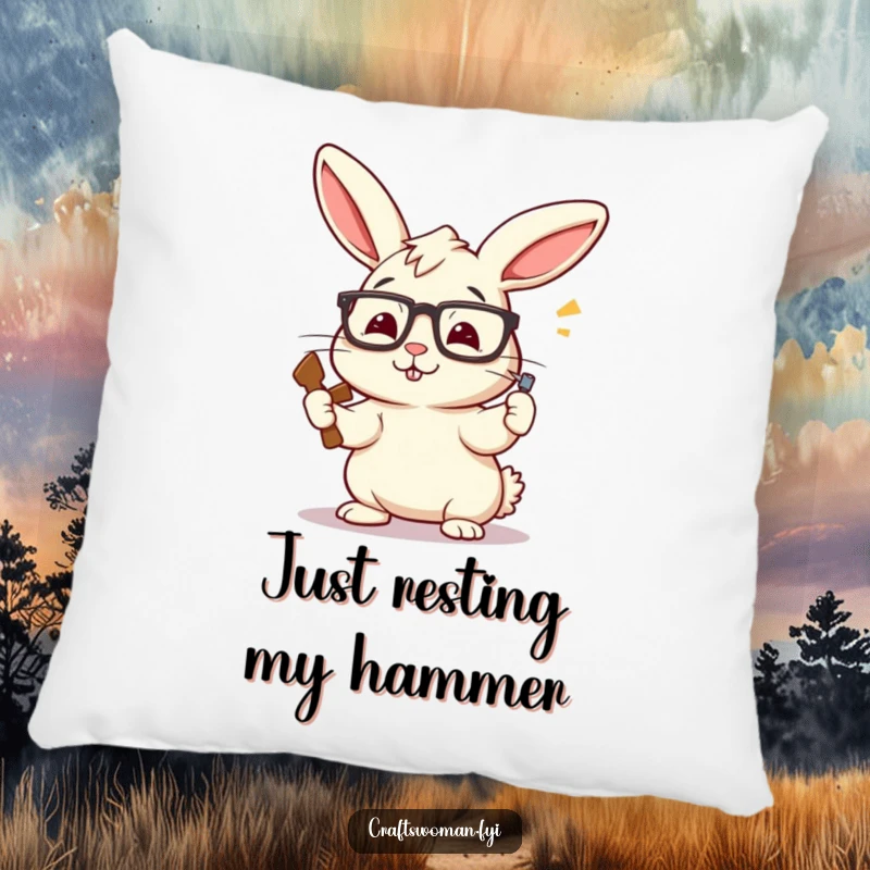 Funny Rabbit Carpenter Pillow: A Perky Bunny with Askew Glasses Enthusiastically Hammering a Nail, Soft and Hilarious.