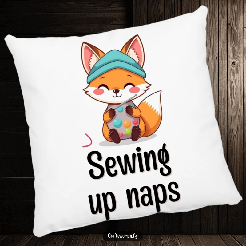 Kawaii Fox Pillow: A cute fox smiles while sewing colorful fabric with a needle, offering comfort and charm.