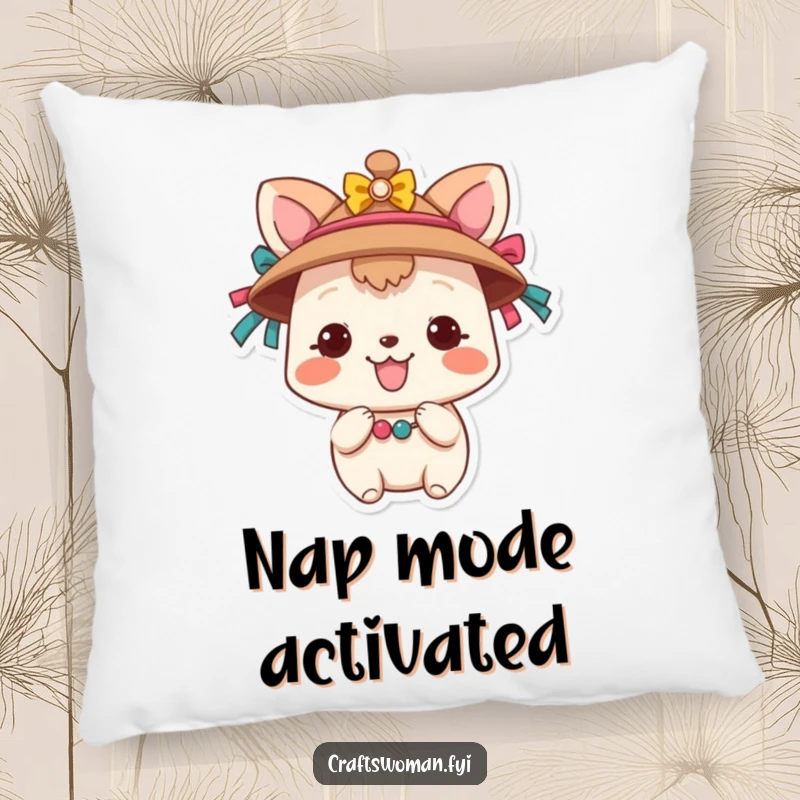 Funny Animal Hat Decorating Pillow: A smiling animal character is shown embellishing a hat with vibrant ribbons and beads, a humorous and cozy decor piece.