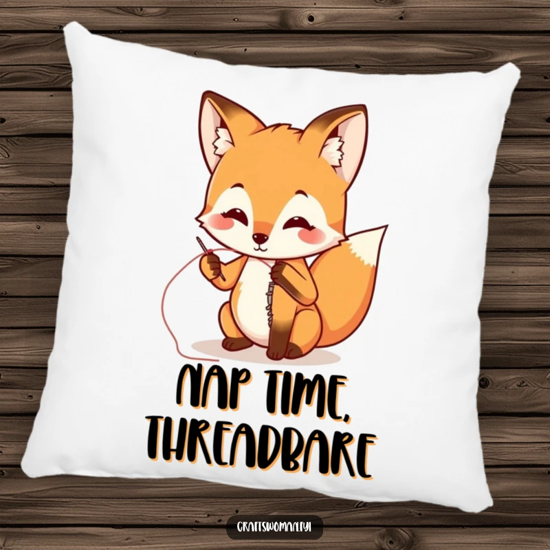 Funny fox sewing a ripped seam with a needle and thread, printed on a soft decorative pillow, adding humor to comfort.